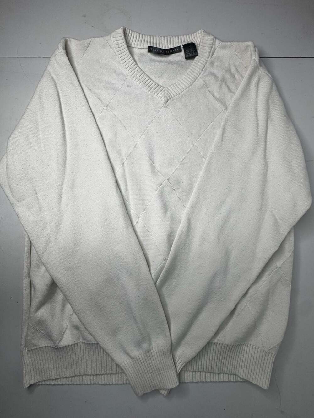 Oscar De La Renta V-Neck Sweater Size L White Cotton Argyle Knit Pullover